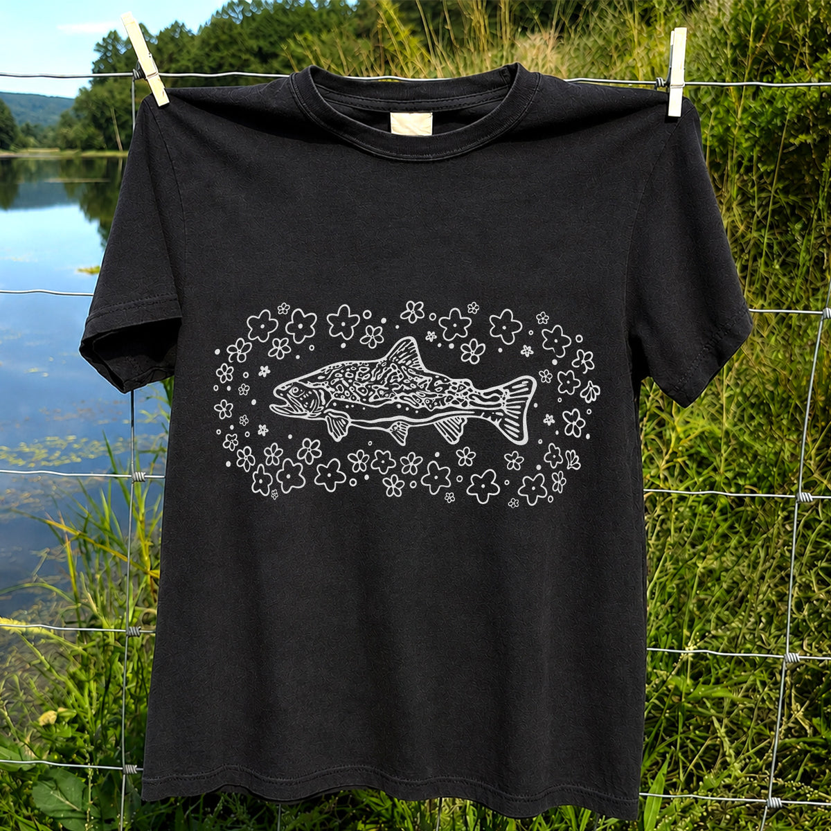 Brown Trout Surrounded by Wildflowers Fishing Graphic T-Shirt