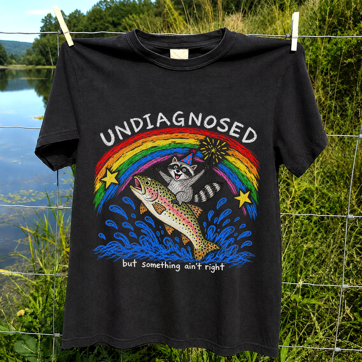 Undiagnosed But Something Ain't Right Raccoon Riding Trout T-Shirt