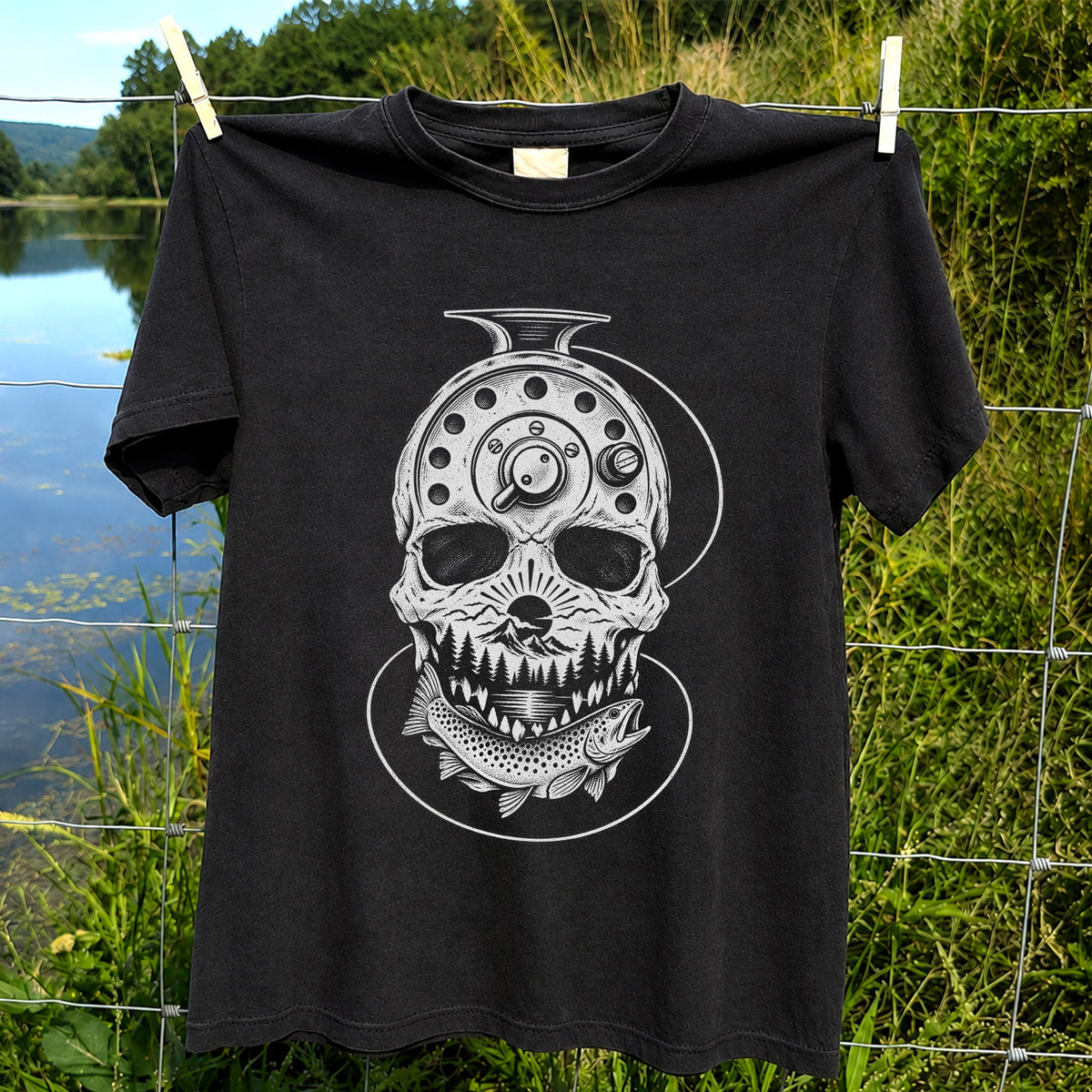 Trout and Fly Fishing Reel Skull Mountain Graphic T-Shirt