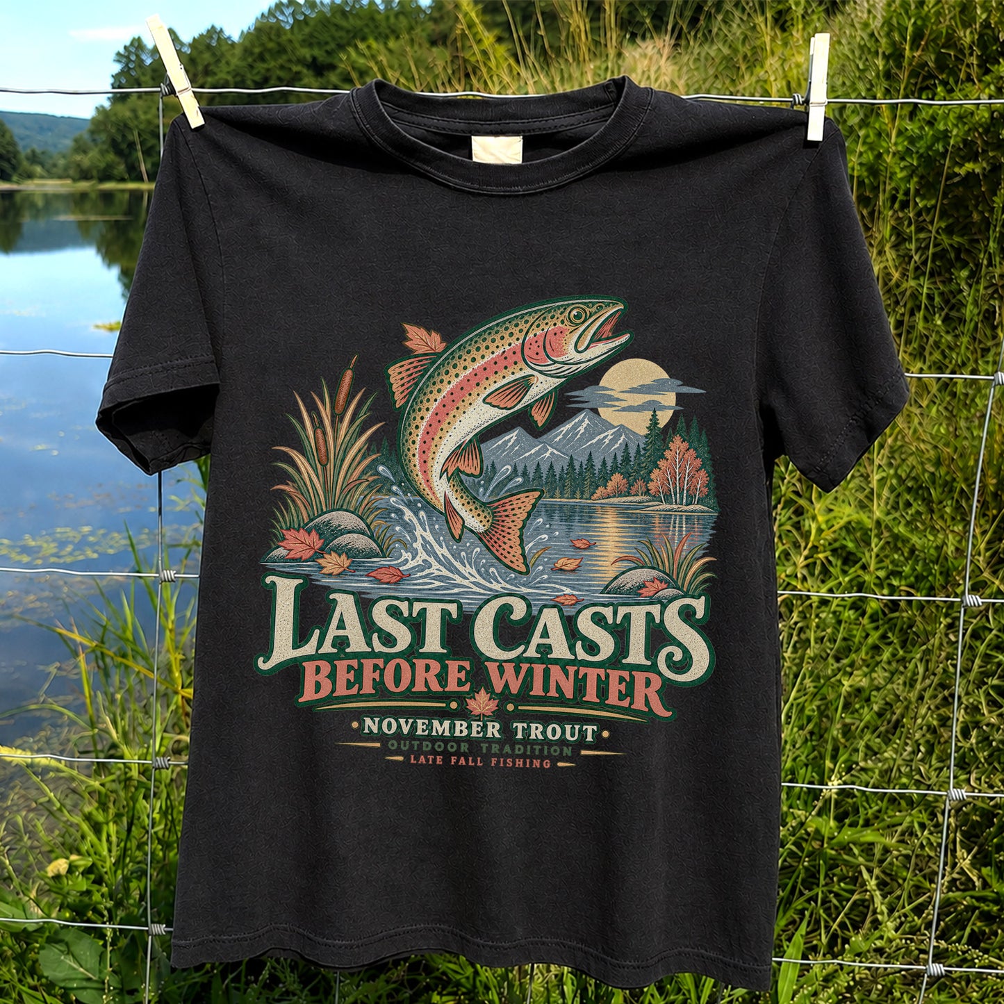 Last Casts Before Winter November Rainbow Trout Fishing Graphic T-Shirt