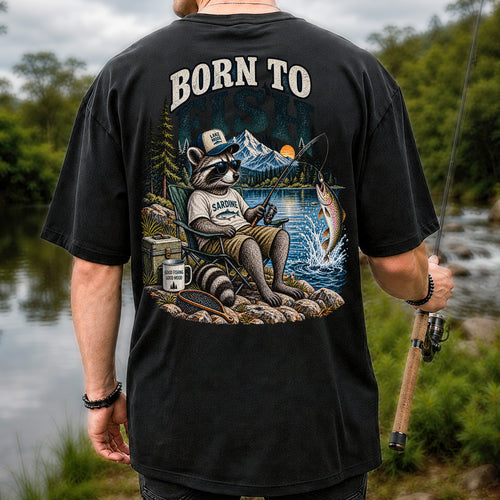 Born to Fish Raccoon in Sunglasses Lake Fishing T-Shirt | Back Print