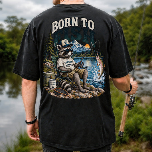 Born to Fish Raccoon in Sunglasses Lake Fishing T-Shirt | Back Print
