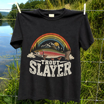 Trout Slayer Rainbow Trout Mountain Sunset Fishing T-Shirt
