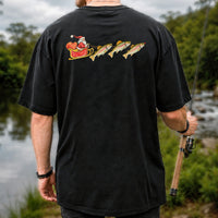 Santa Sleigh Pulling Rainbow Trout Fishing Graphic T-Shirt | Back Print