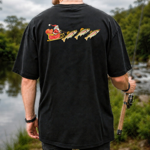 Santa Sleigh Pulling Rainbow Trout Fishing Graphic T-Shirt | Back Print