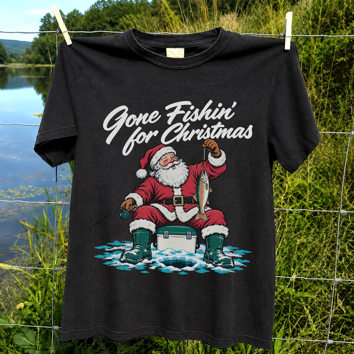 Santa Claus Ice Fishing Christmas Graphic T-Shirt