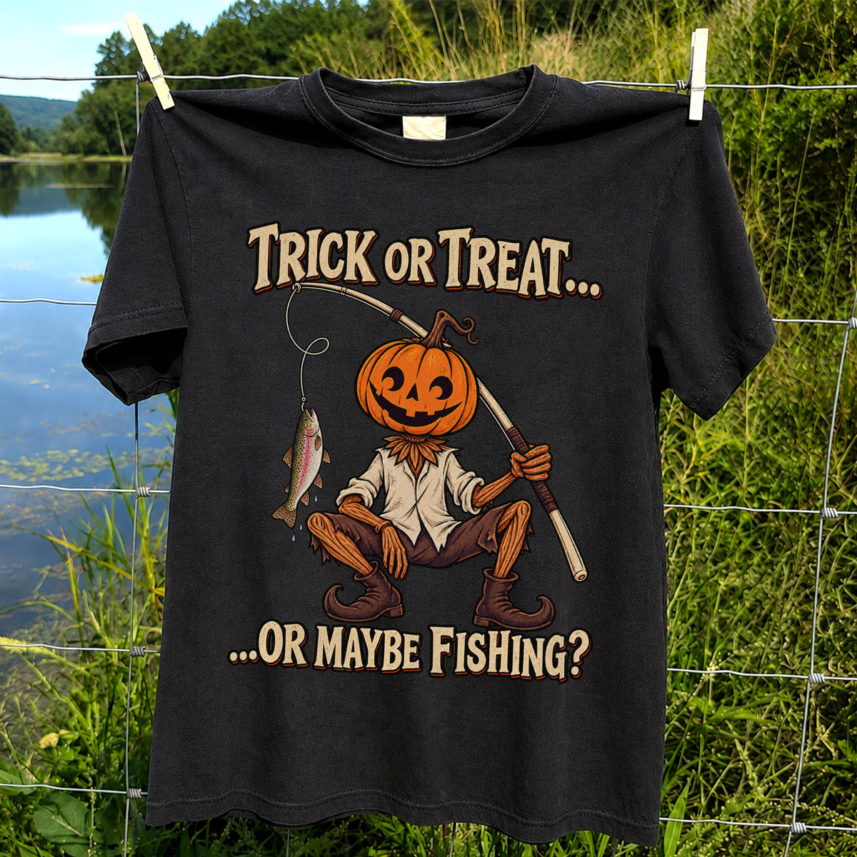 Trick or Treat Or Maybe Fishing Pumpkin Angler with Trout Halloween T-Shirt