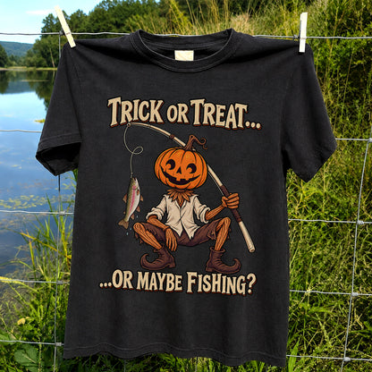 Trick or Treat Or Maybe Fishing Pumpkin Angler with Trout Halloween T-Shirt