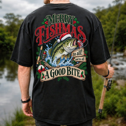 Merry Fishmas to All and to All a Good Bite Bass Fishing T-Shirt | Back Print