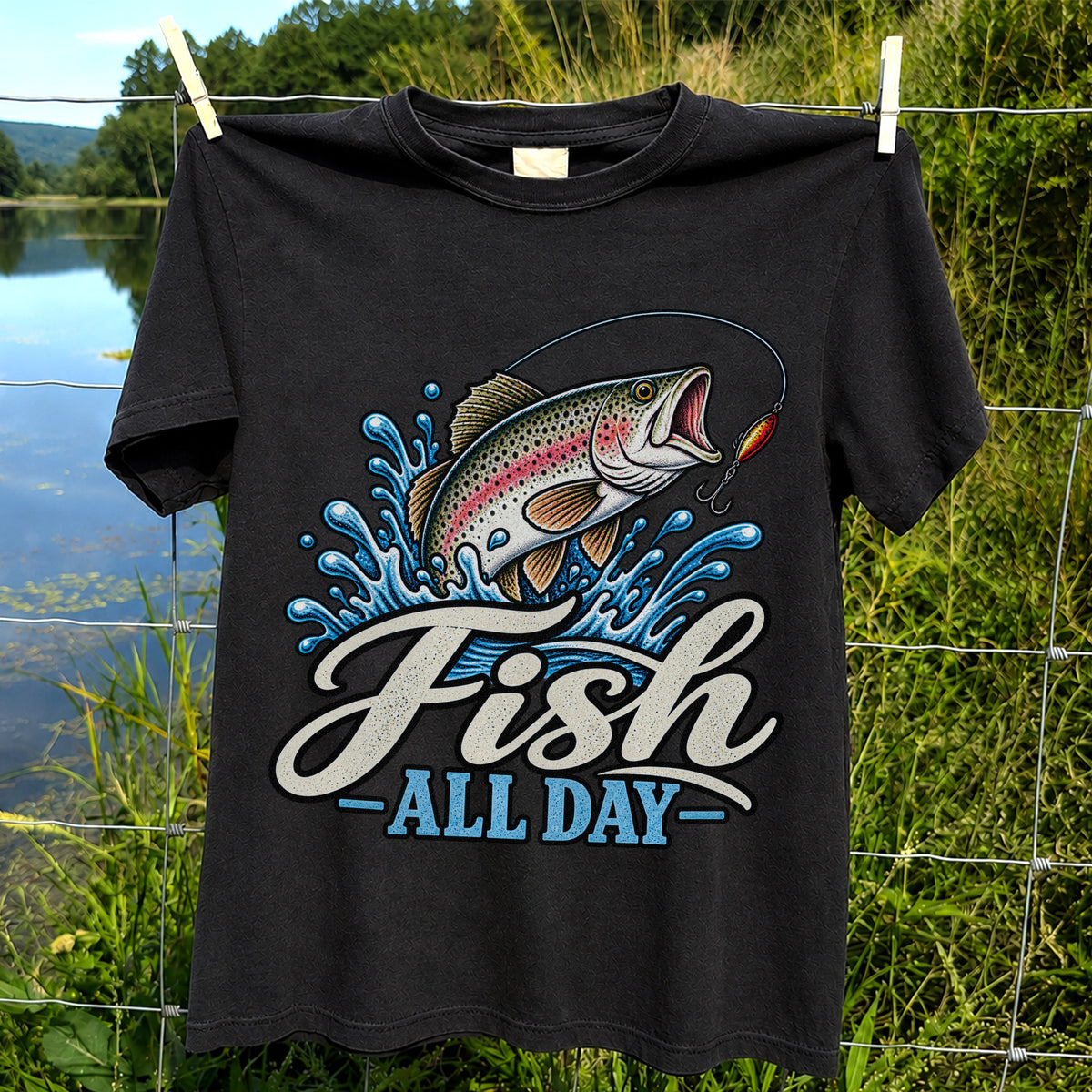 Fish All Day Jumping Rainbow Trout Fishing Graphic T-Shirt