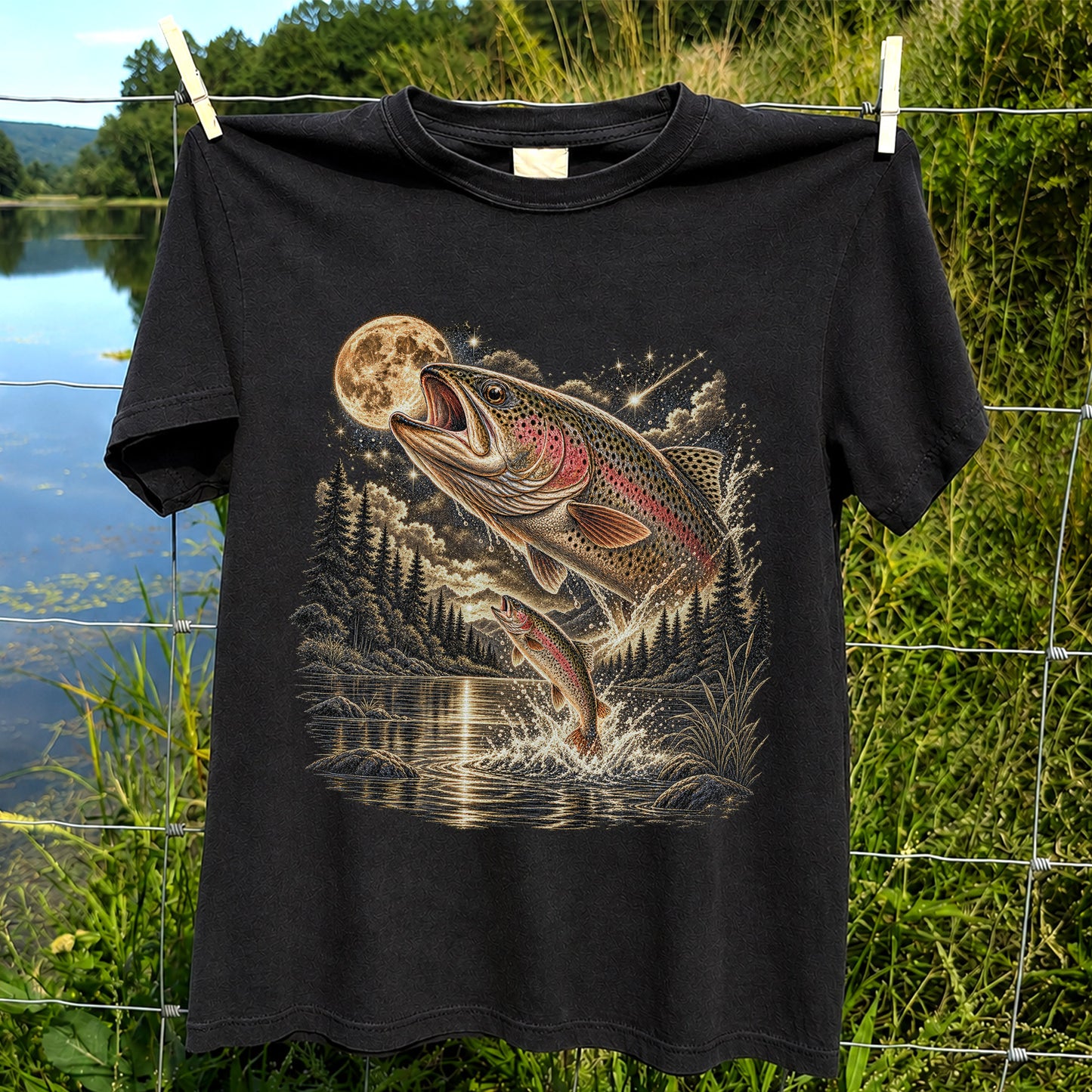 Moonlit Rainbow Trout Jumping from Mountain Lake Graphic T-Shirt