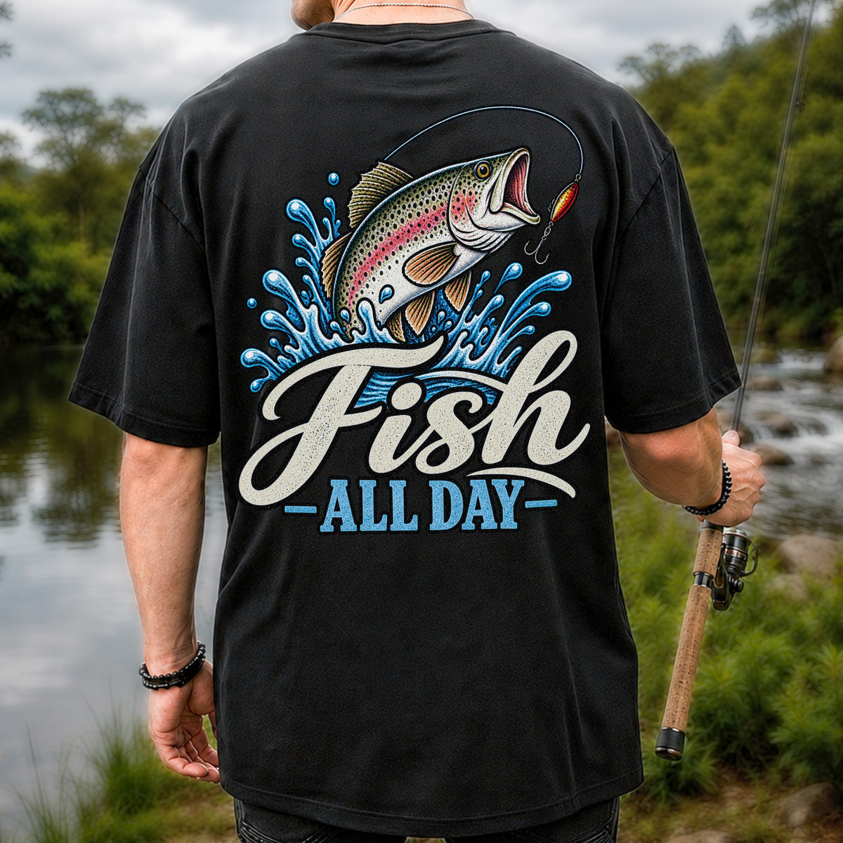 Fish All Day Jumping Rainbow Trout Fishing Graphic T-Shirt | Back Print