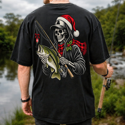 Christmas Skeleton Angler with Santa Hat and Bass Fishing T-Shirt | Back Print