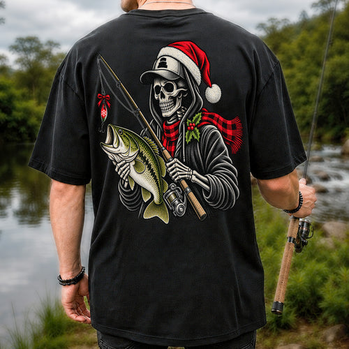 Christmas Skeleton Angler with Santa Hat and Bass Fishing T-Shirt | Back Print