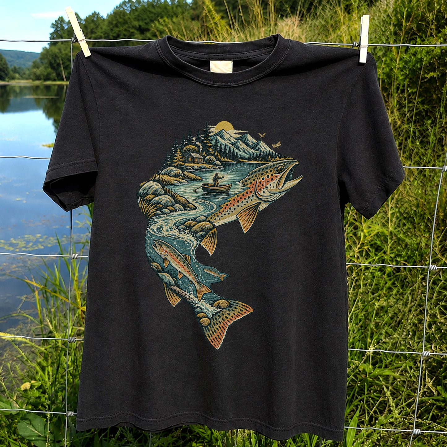 Vintage Brown Trout Mountain River Fly Fishing Graphic T-Shirt