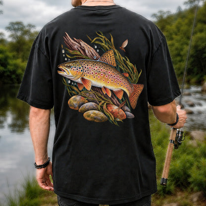 Vintage Brown Trout River Fishing Graphic T-Shirt | Back Print
