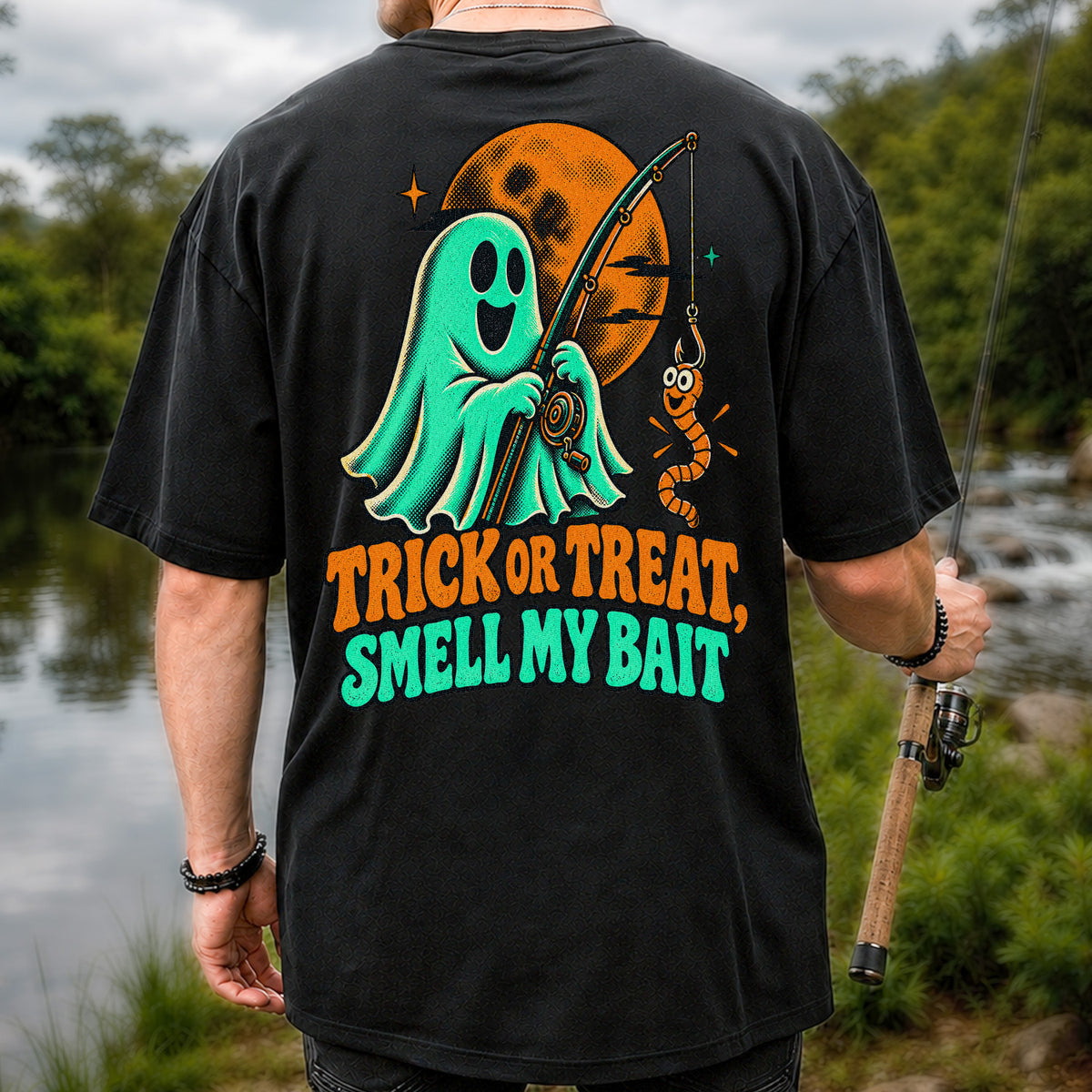 Trick or Treat, Smell My Bait Ghost Halloween Fishing T-Shirt | Back Print