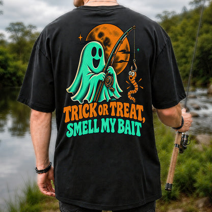 Trick or Treat, Smell My Bait Ghost Halloween Fishing T-Shirt | Back Print