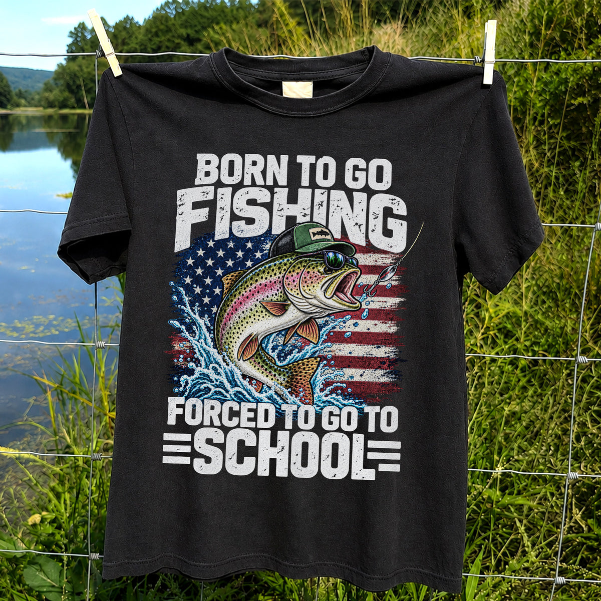Born to Go Fishing Forced to Go to School American Flag Rainbow Trout T-Shirt