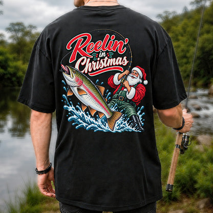 Reelin' in Christmas Santa Rainbow Trout Fishing T-Shirt | Back Print