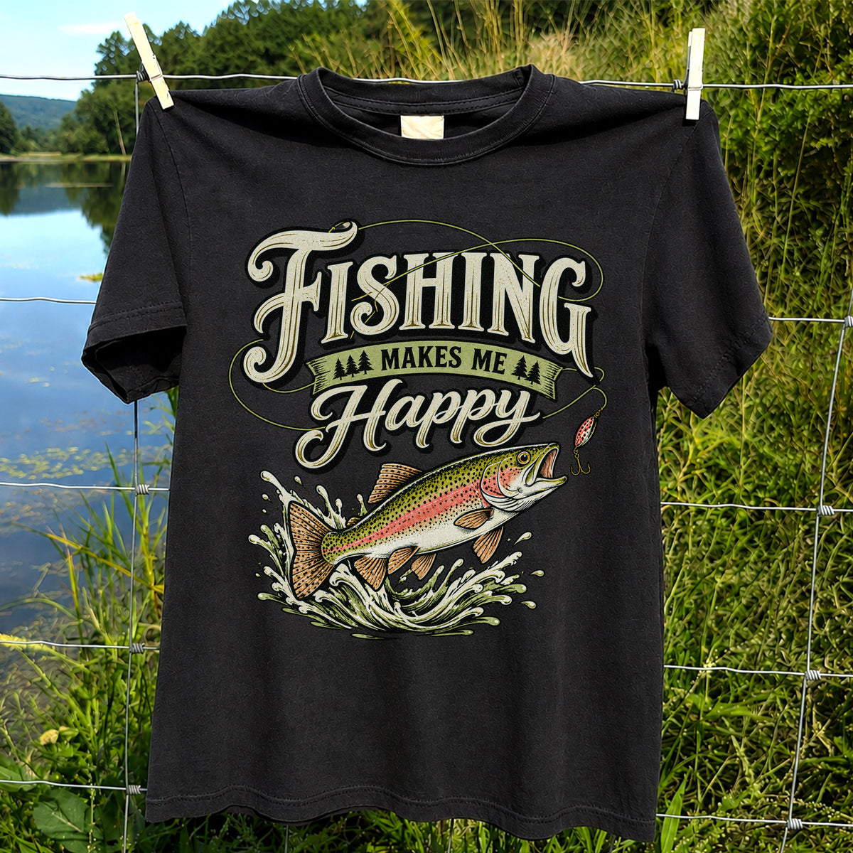 Fishing Makes Me Happy Rainbow Trout Vintage Graphic T-Shirt