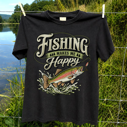 Fishing Makes Me Happy Rainbow Trout Vintage Graphic T-Shirt