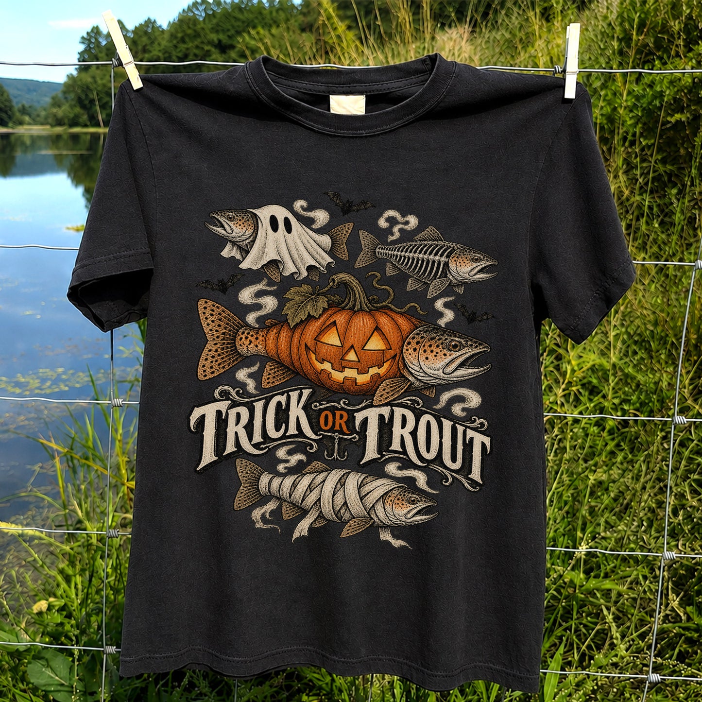 Trick or Trout Spooky Fish Halloween Graphic T-Shirt