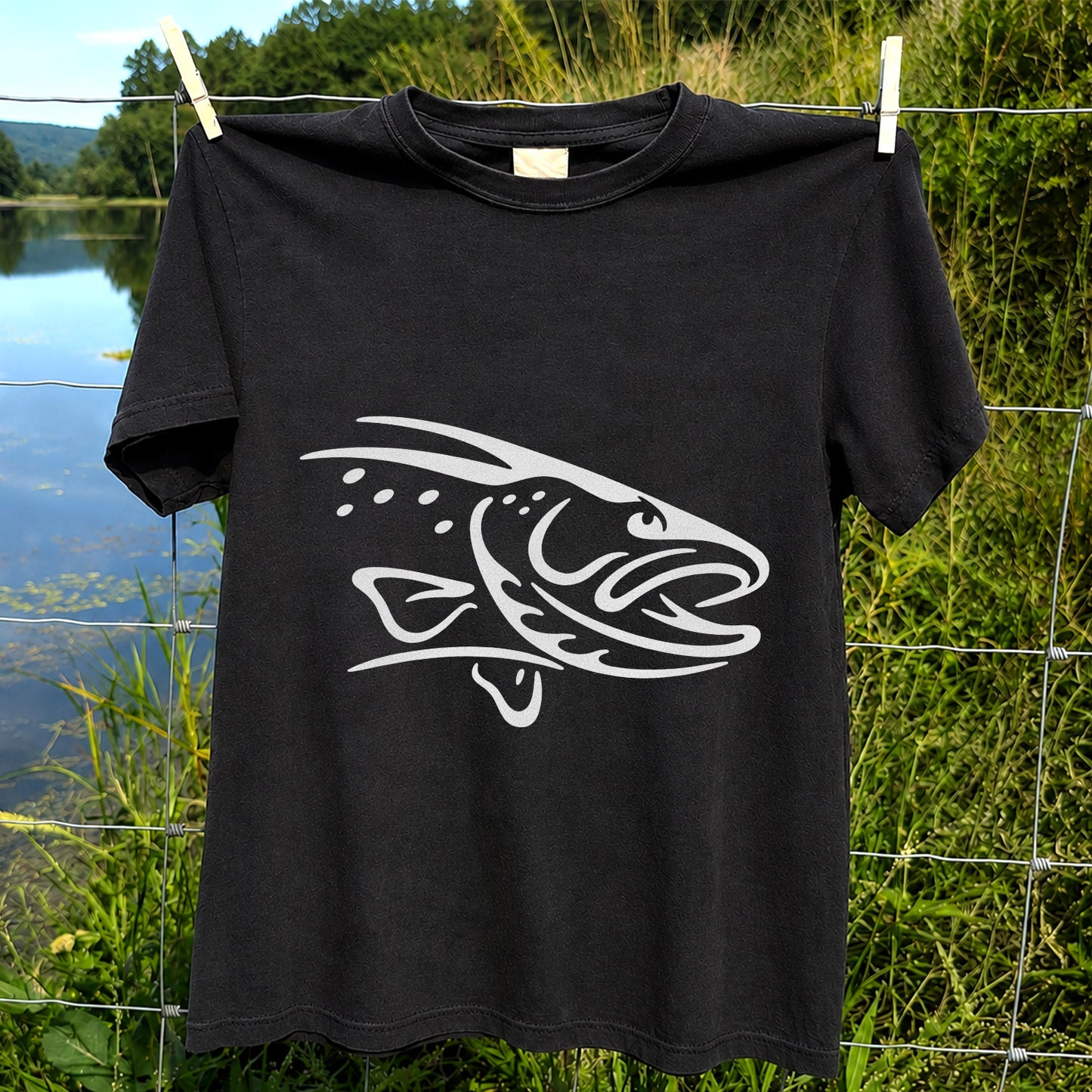 Minimalist Trout Line Art Fishing Graphic T-Shirt