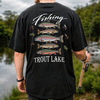 Fishing Trout Lake Vintage Trout and Flies Graphic T-Shirt | Back Print