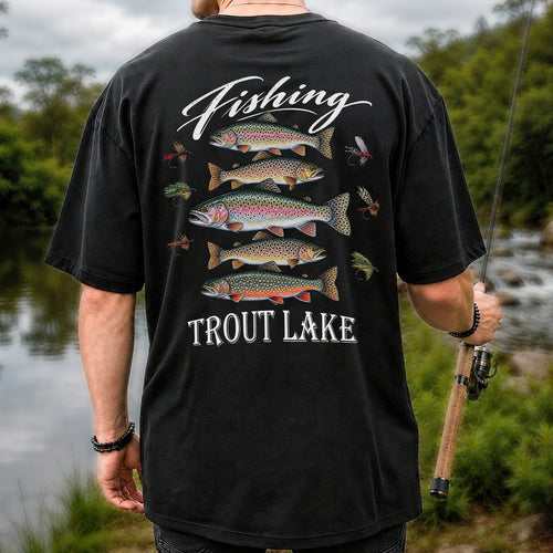 Fishing Trout Lake Vintage Trout and Flies Graphic T-Shirt | Back Print
