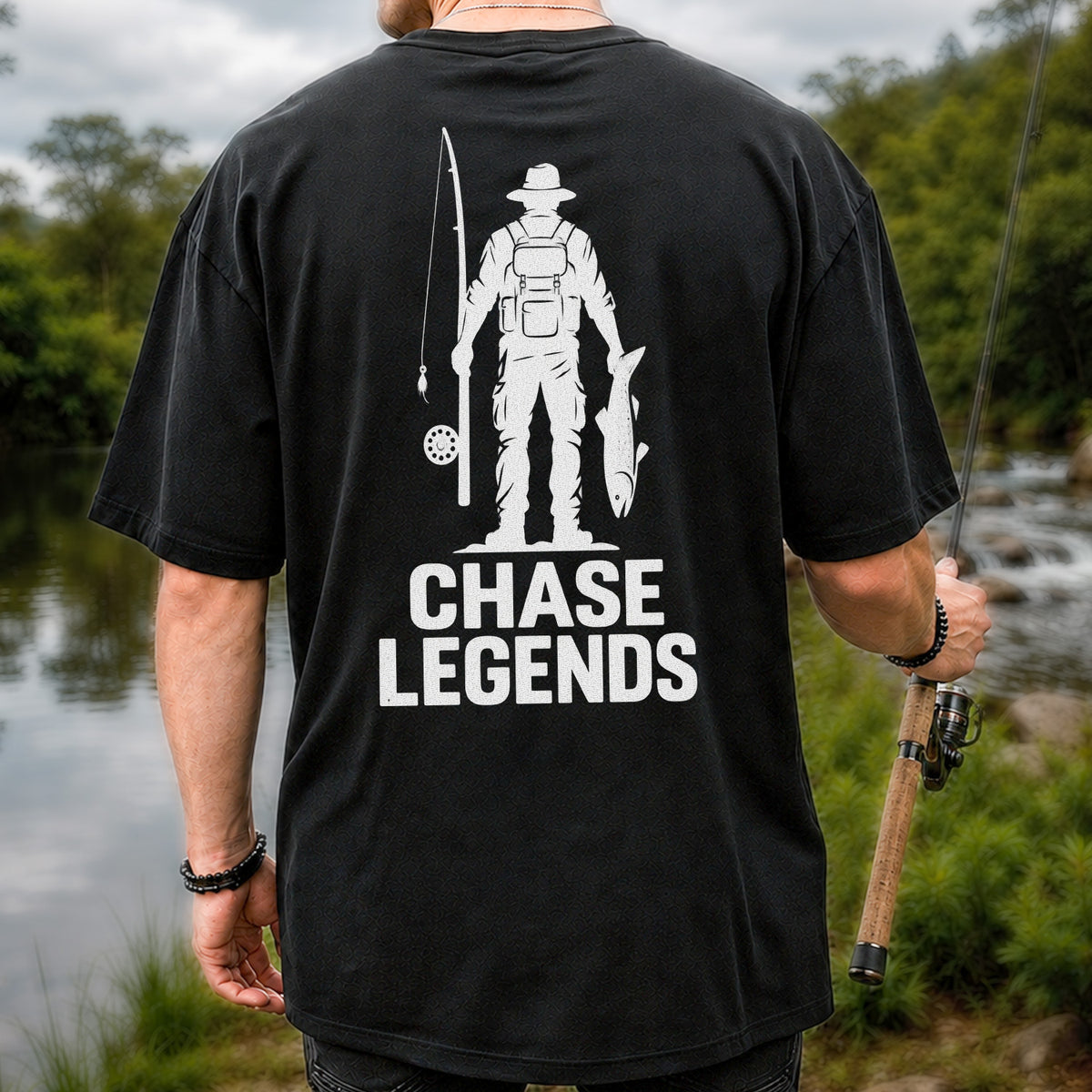 Chase Legends Fly Fishing Angler Silhouette Graphic T-Shirt | Back Print