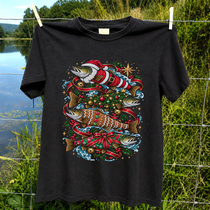 Santa and Gingerbread Trout Christmas Fishing Graphic T-Shirt