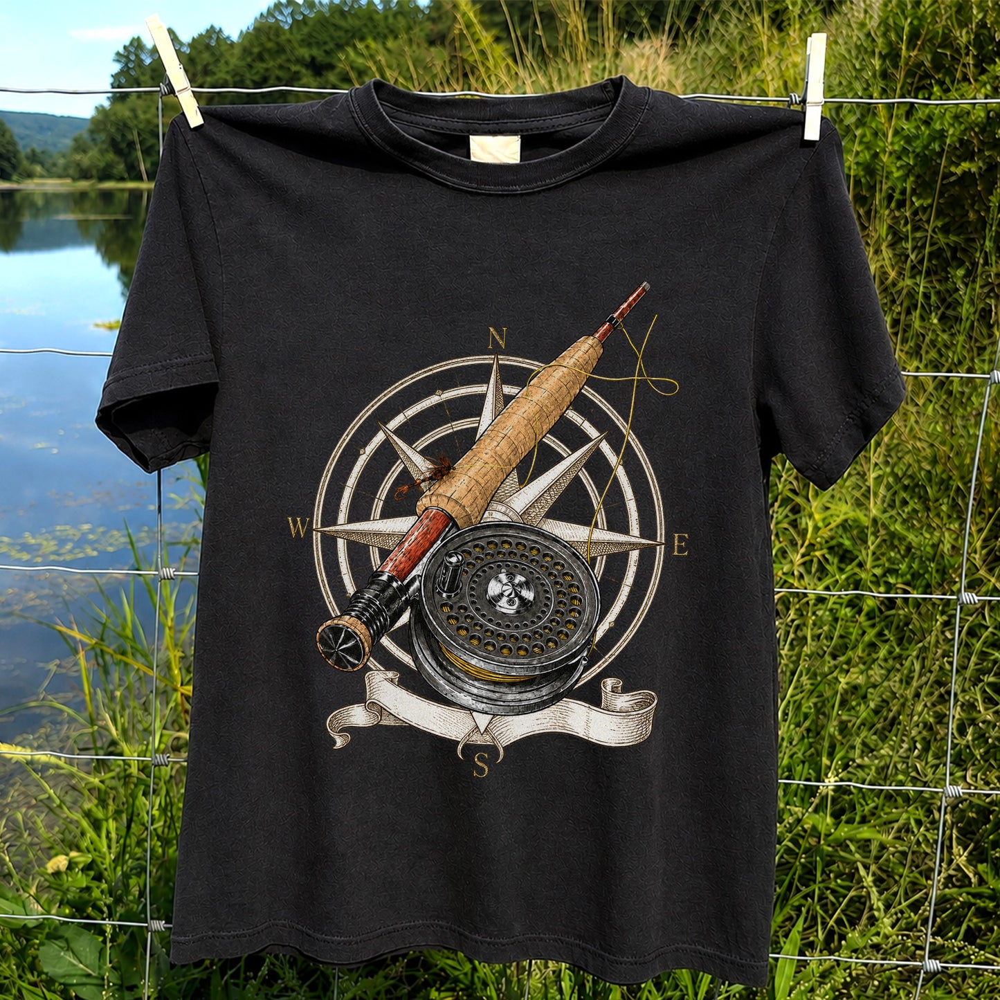 Vintage Fly Fishing Rod Reel and Compass Graphic T-Shirt