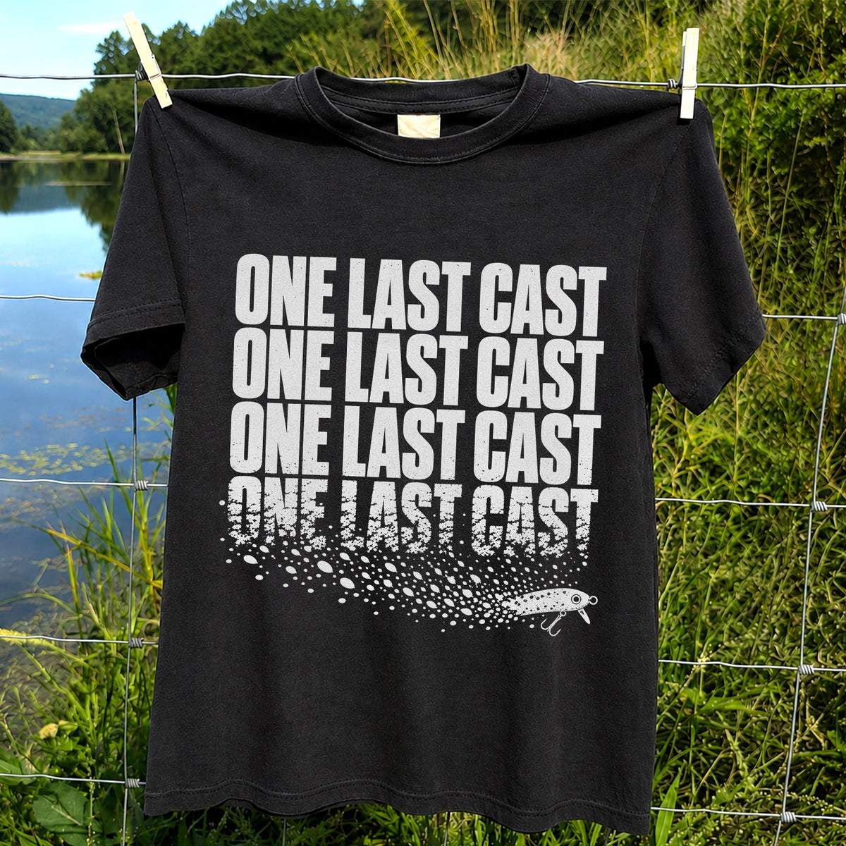 One Last Cast Repeating Fishing Lure Graphic T-Shirt