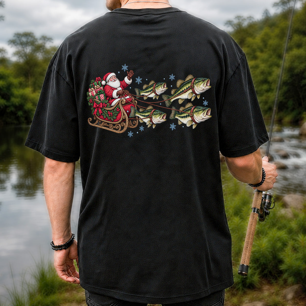 Santa in a Sleigh Pulled by Bass Christmas Fishing Graphic T-Shirt | Back Print