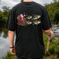 Santa in a Sleigh Pulled by Bass Christmas Fishing Graphic T-Shirt | Back Print