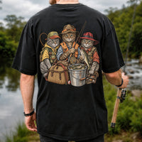 Three Fishing Cats with Rod and Catch Vintage Graphic T-Shirt | Back Print