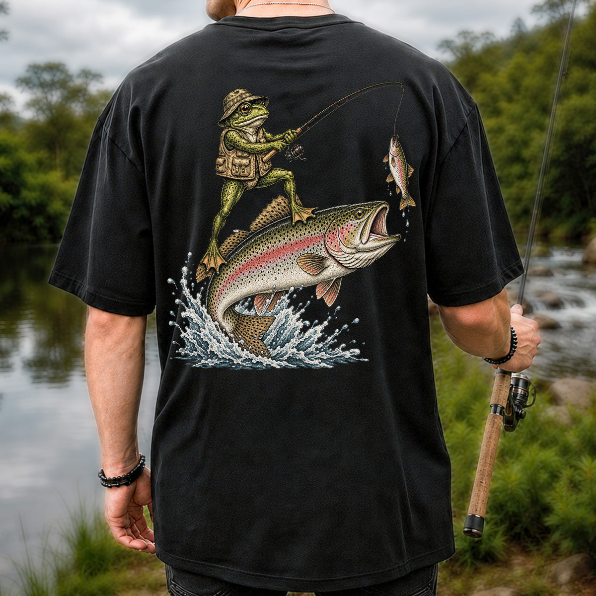 Frog Angler Riding a Rainbow Trout Fishing Graphic T-Shirt | Back Print