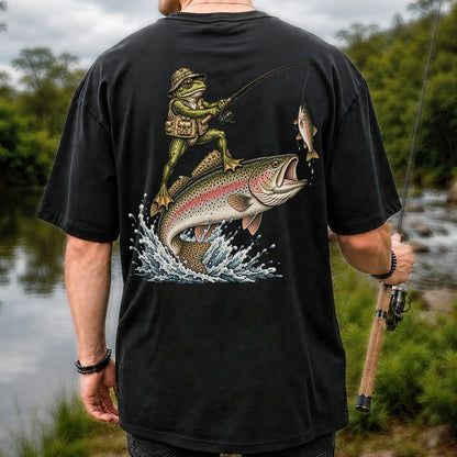 Frog Angler Riding a Rainbow Trout Fishing Graphic T-Shirt | Back Print
