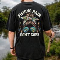 Fishing Hair Don't Care Messy Bun and Sunglasses T-Shirt | Back Print