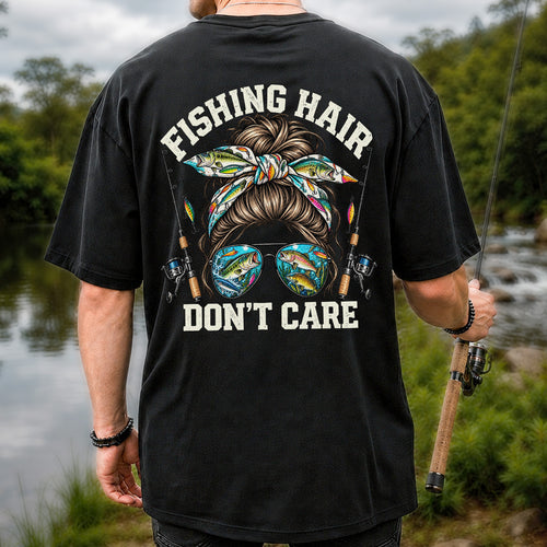 Fishing Hair Don't Care Messy Bun and Sunglasses T-Shirt | Back Print
