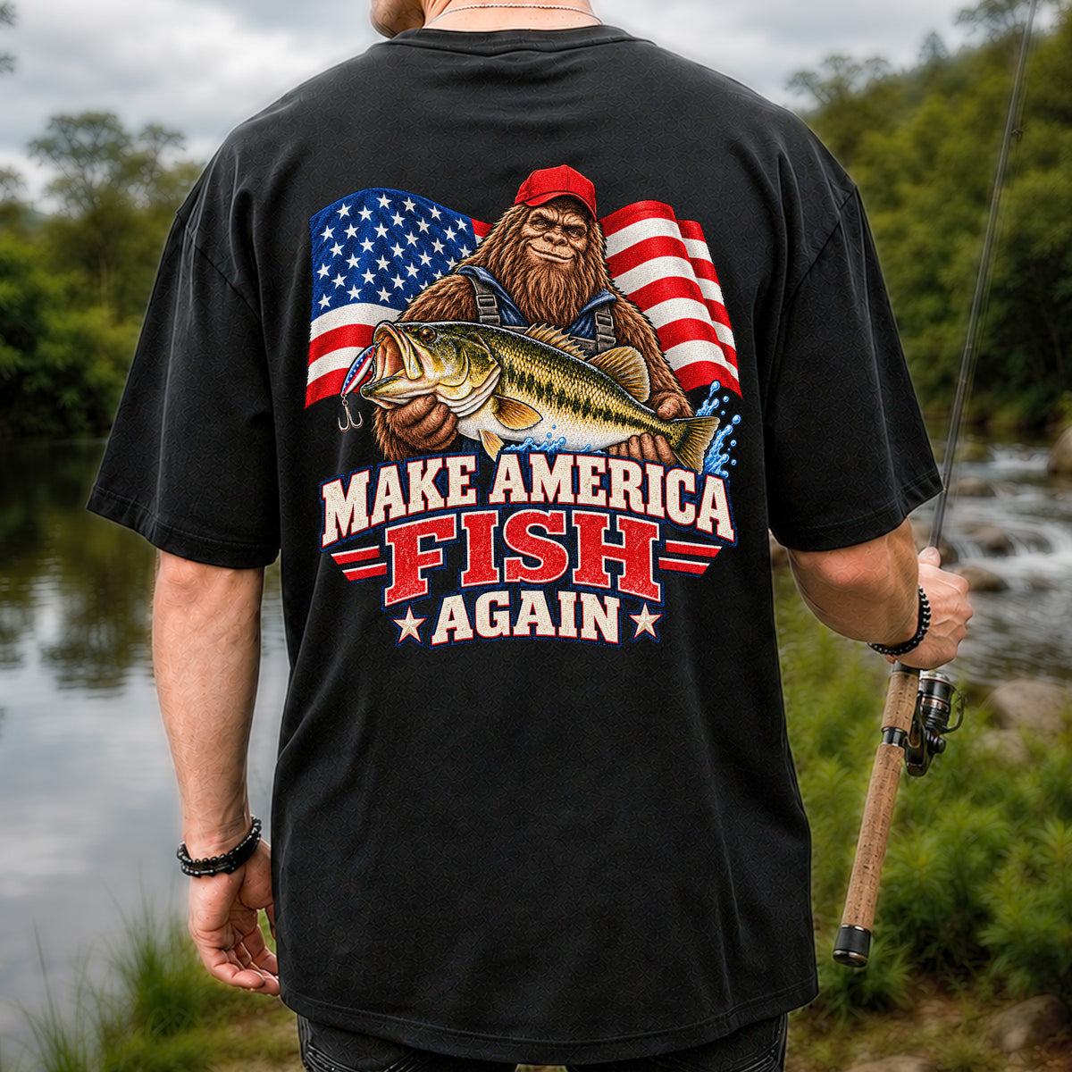 Make America Fish Again Bigfoot Bass Fishing T-Shirt | Back Print