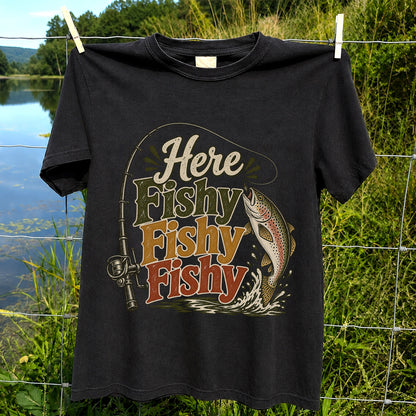Here Fishy Fishy Fishy Rainbow Trout and Fishing Rod Retro T-Shirt