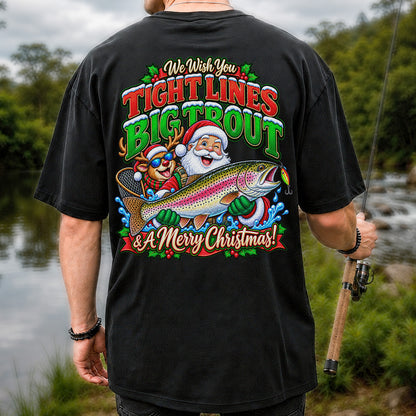 We Wish You Tight Lines Big Trout & a Merry Christmas Santa and Reindeer Fishing T-Shirt | Back Print