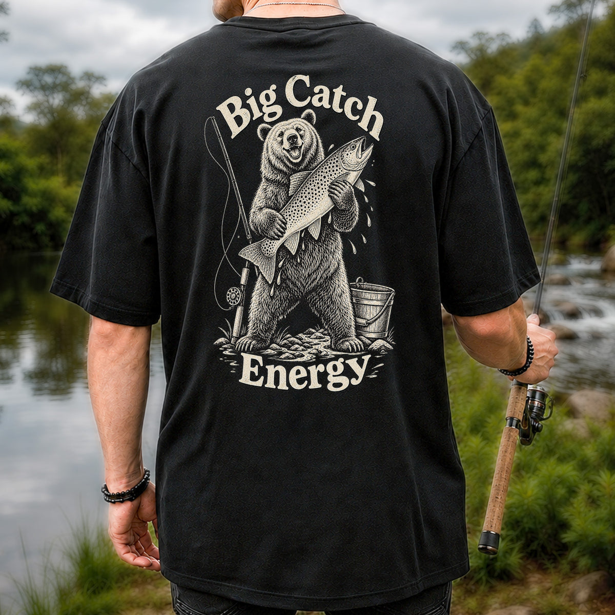 Big Catch Energy Bear and Trout Fishing T-Shirt | Back Print