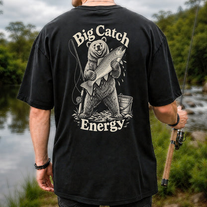 Big Catch Energy Bear and Trout Fishing T-Shirt | Back Print