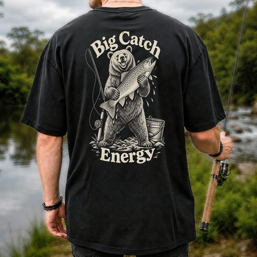 Big Catch Energy Bear and Trout Fishing T-Shirt | Back Print