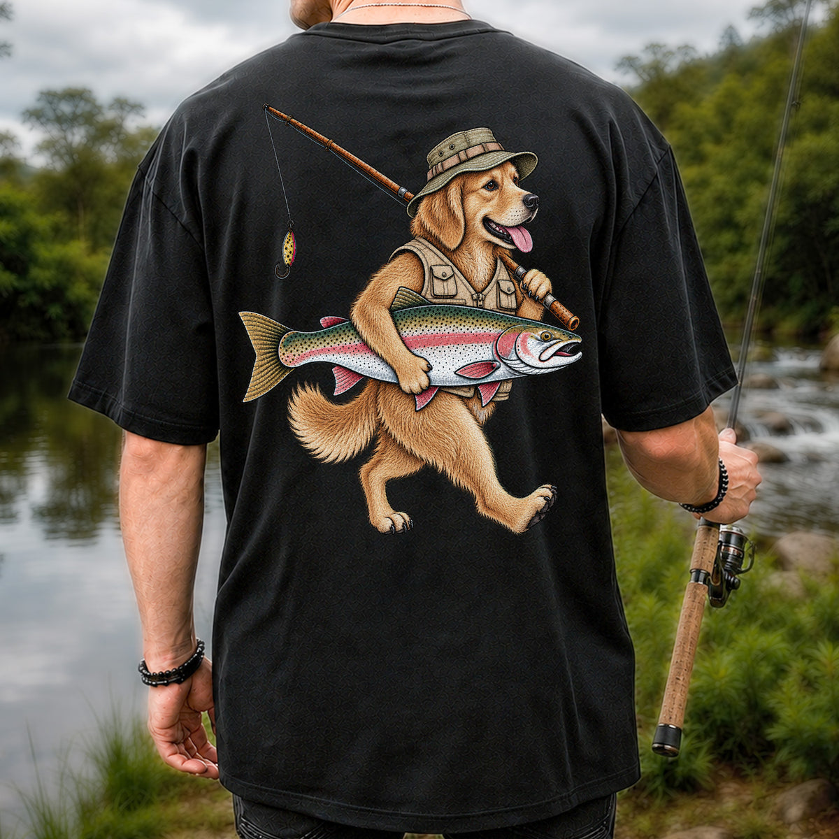 Golden Retriever Holding Rainbow Trout Fishing Graphic T-Shirt | Back Print