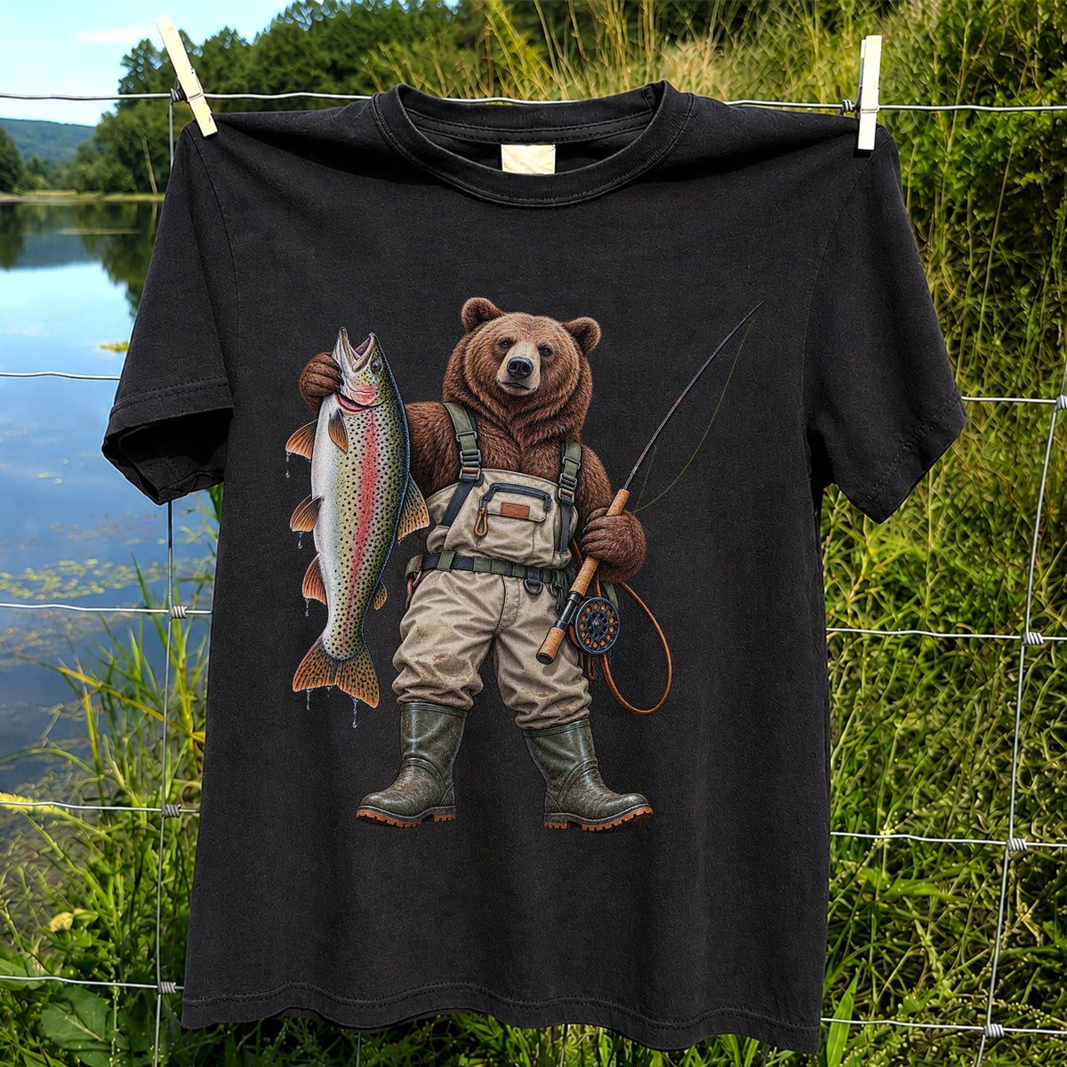Bear Fishing with Rainbow Trout Outdoor Graphic T-Shirt