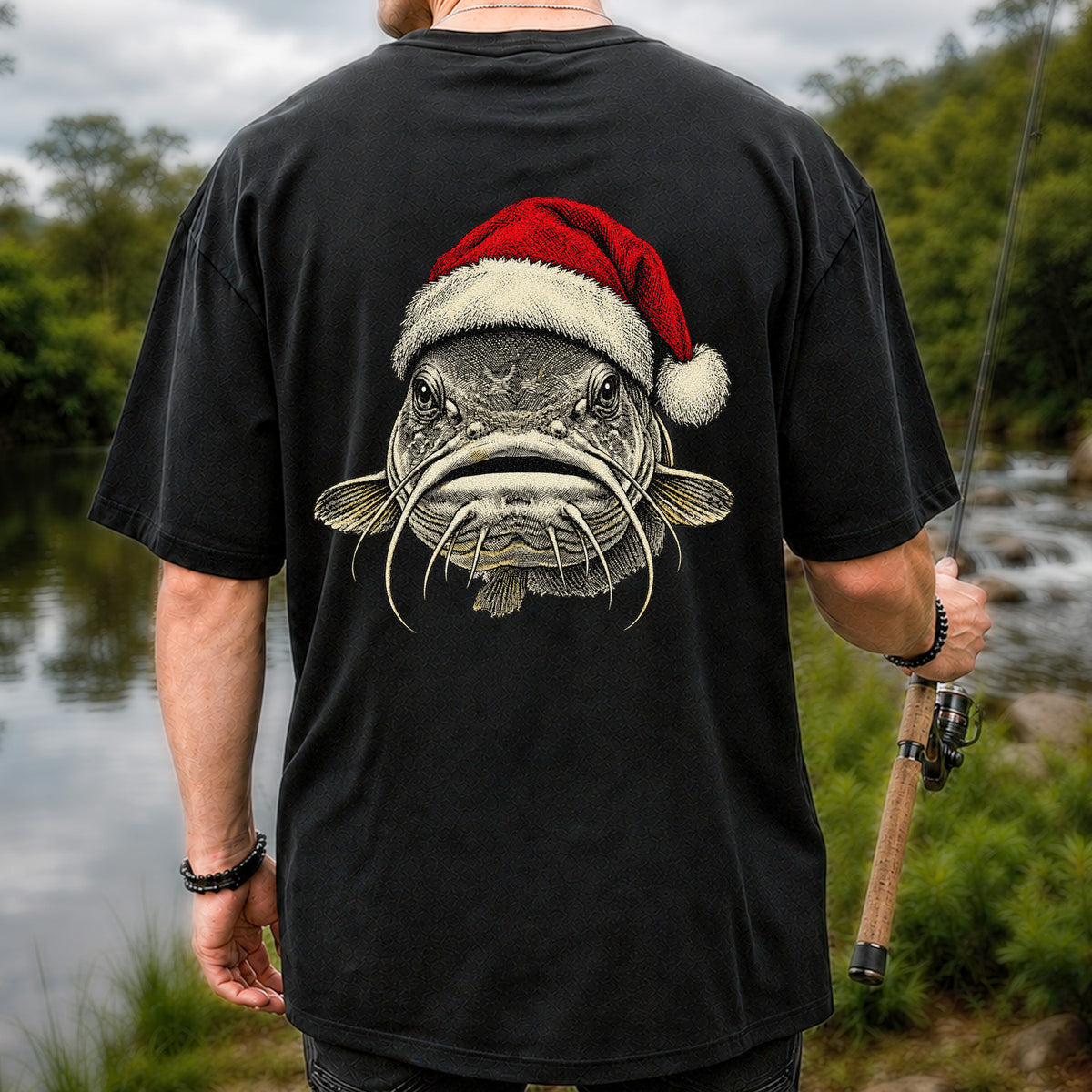 Christmas Catfish Santa Hat Holiday Fishing Graphic T-Shirt | Back Print